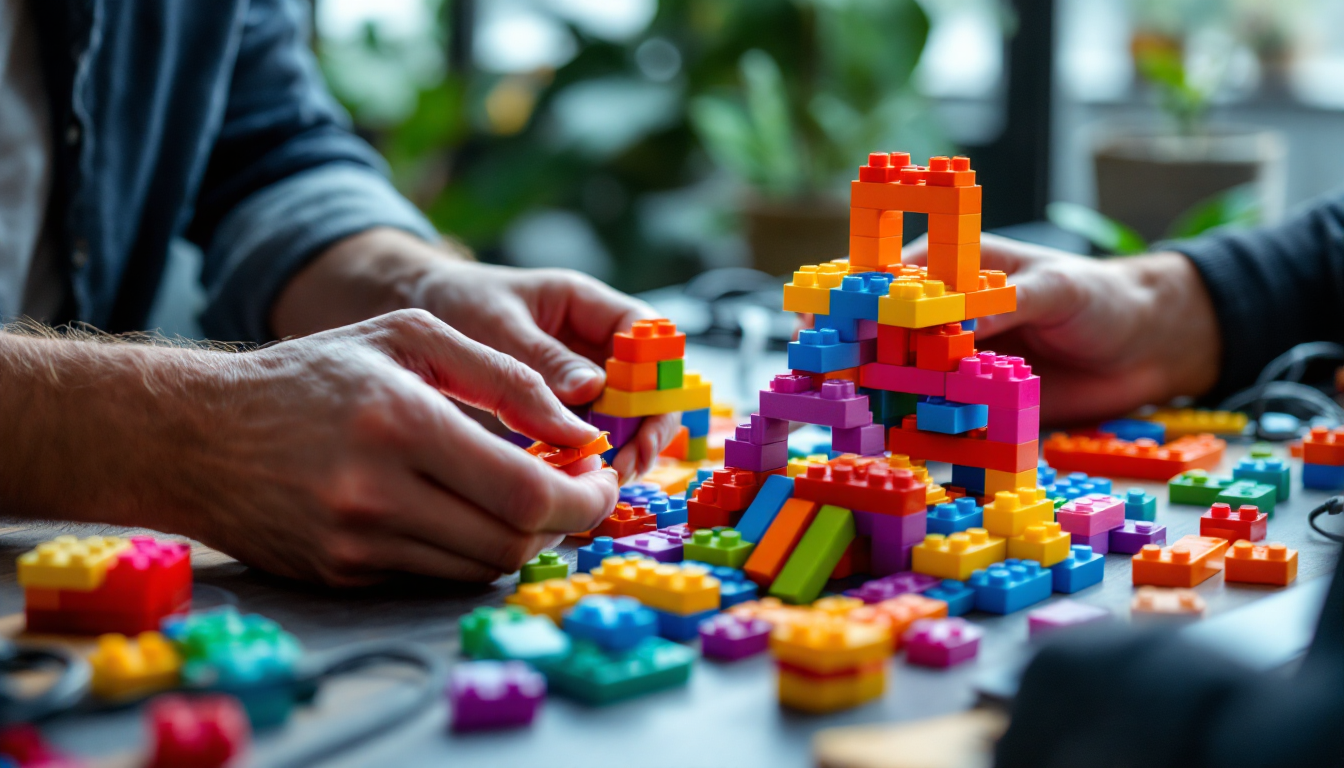n8n의 노드 기반 시각적 워크플로우를 상징하는 레고 블록을 조립하는 손의 모습