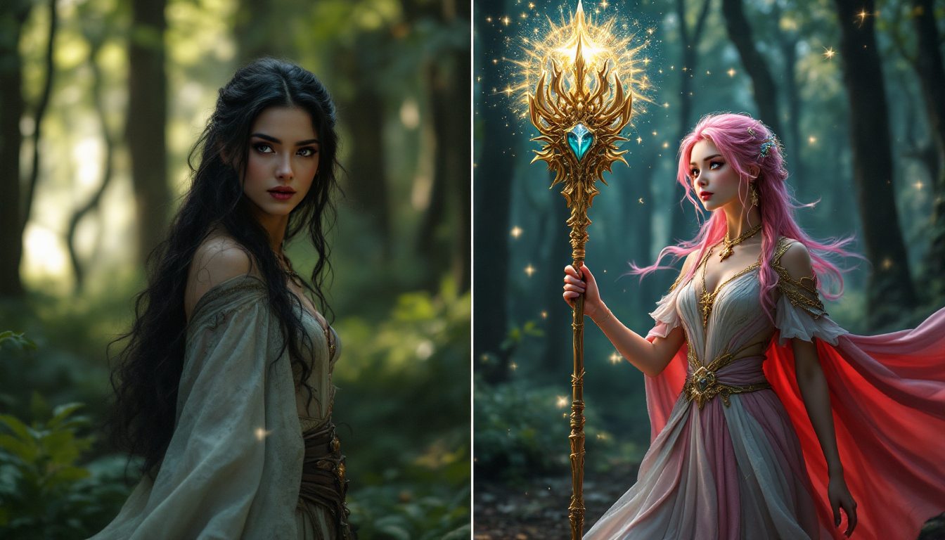 미드저니의 사실적인 숲 속 여성 이미지와 니지저니의 애니메이션 스타일 마법 소녀 캐릭터 이미지의 비교
