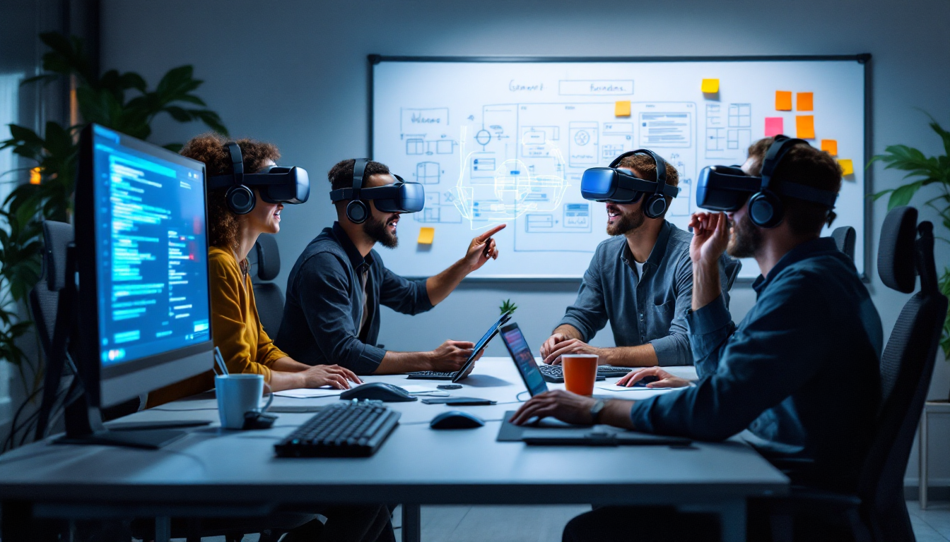 AI 도구를 활용해 창의적으로 협업하는 다양한 게임 개발자들의 모습