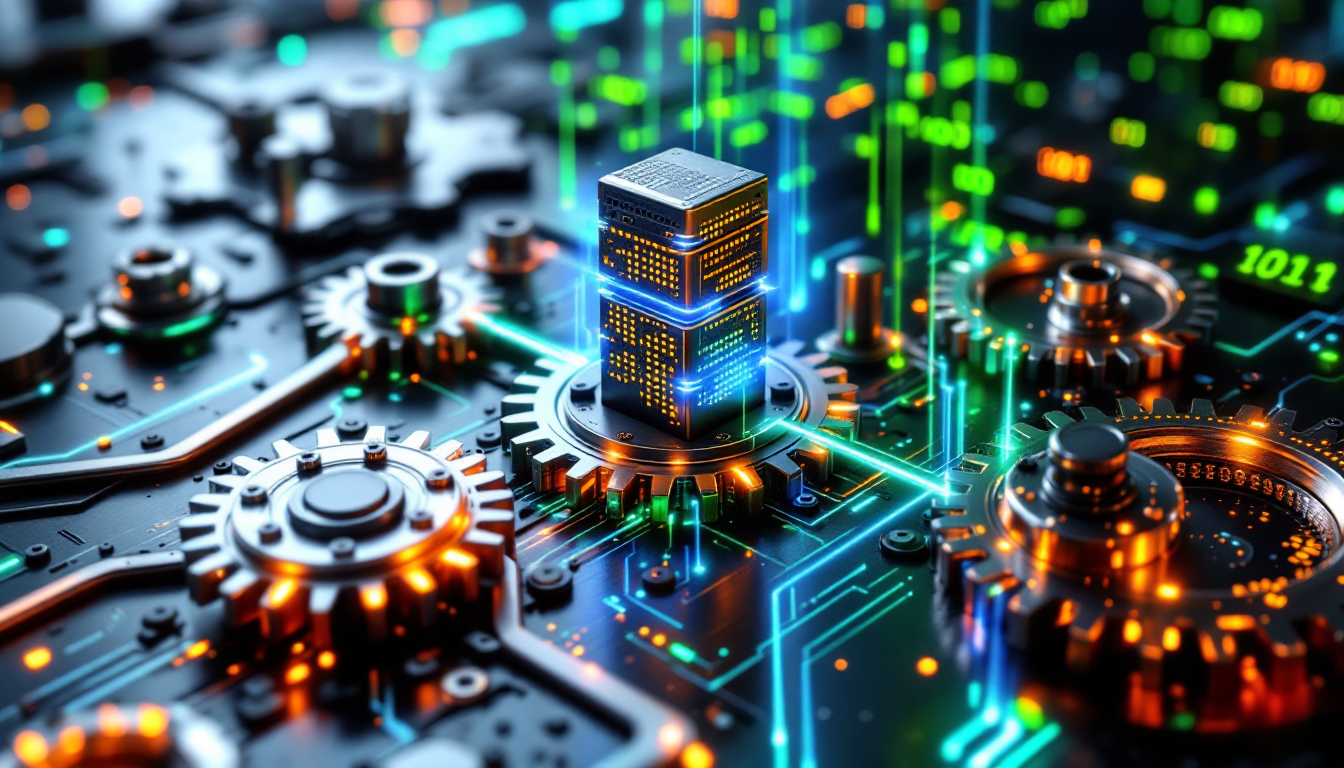 서로 다른 소프트웨어를 연결하는 API를 상징하는 연결된 기어와 네트워크 노드