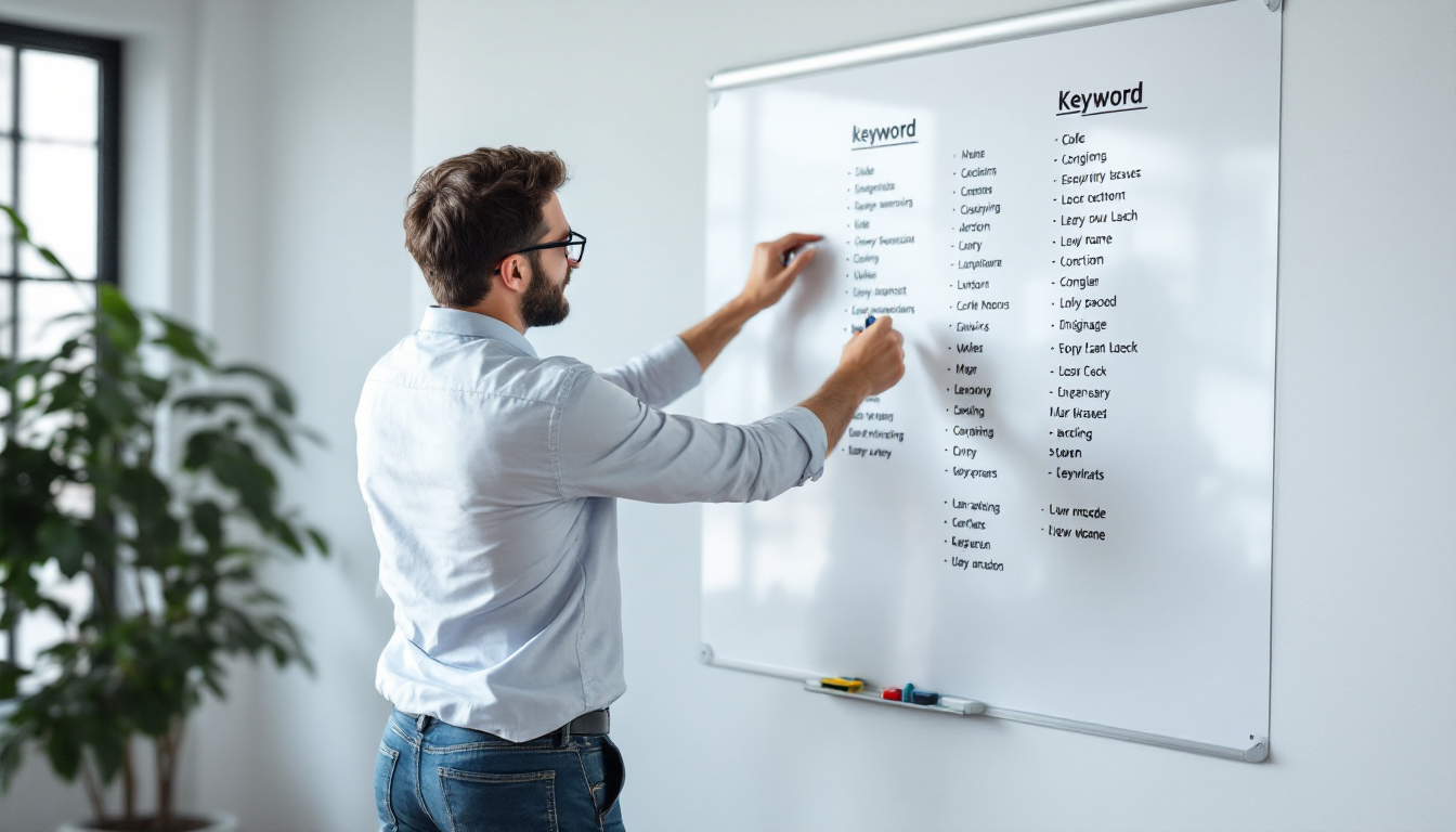 검색 의도 매핑과 콘텐츠 구조화를 위해 화이트보드에 키워드 목록을 정리하는 모습