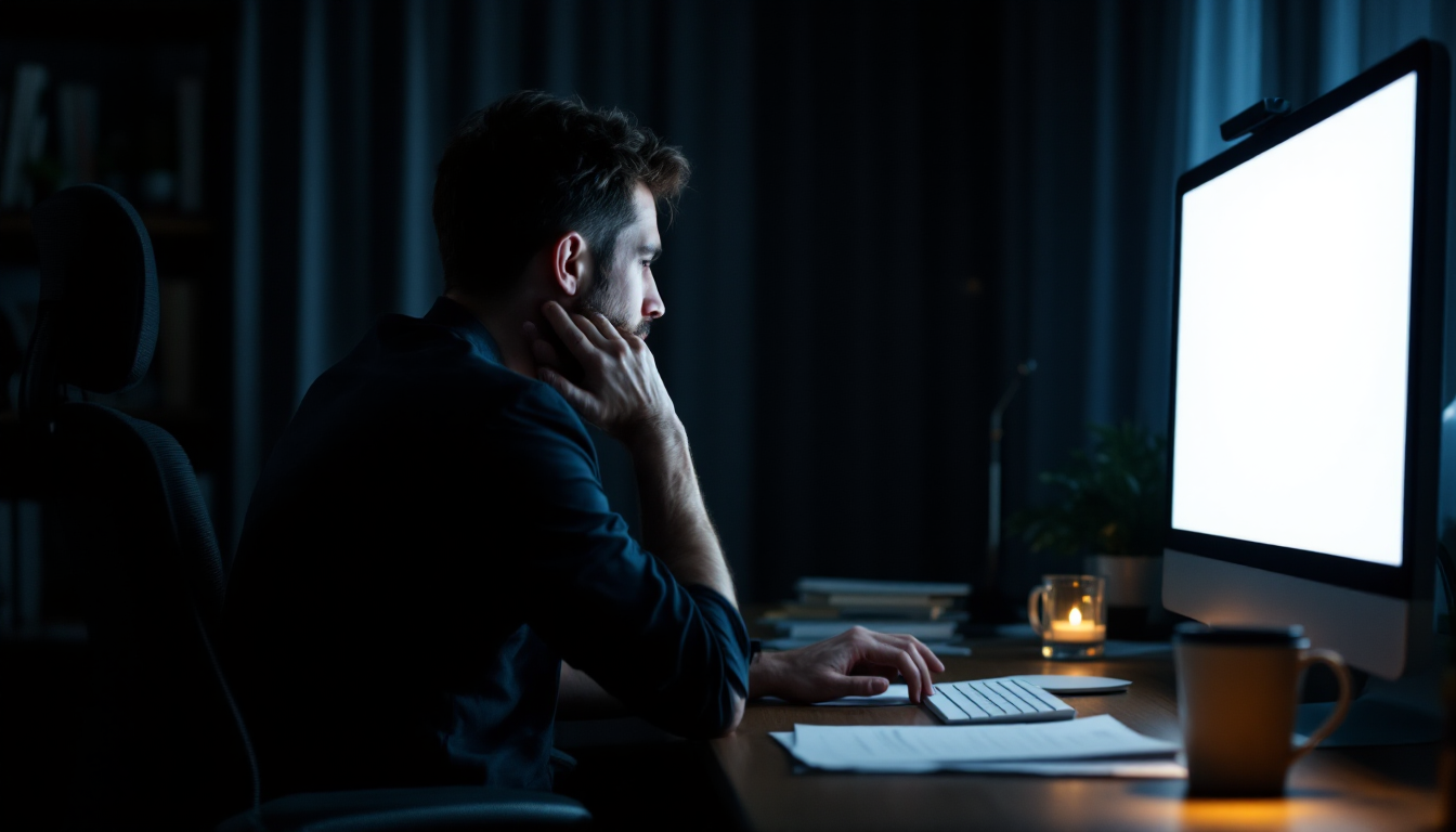 AI PPT 제작 툴 비교를 위해 야근하며 빈 PPT 슬라이드를 바라보는 직장인의 모습