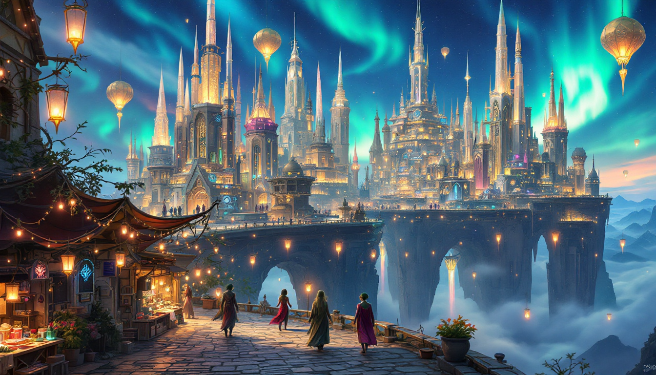 게임 AI 프롬프트로 구축된 하늘에 떠 있는 마법 도시 '에테리아'