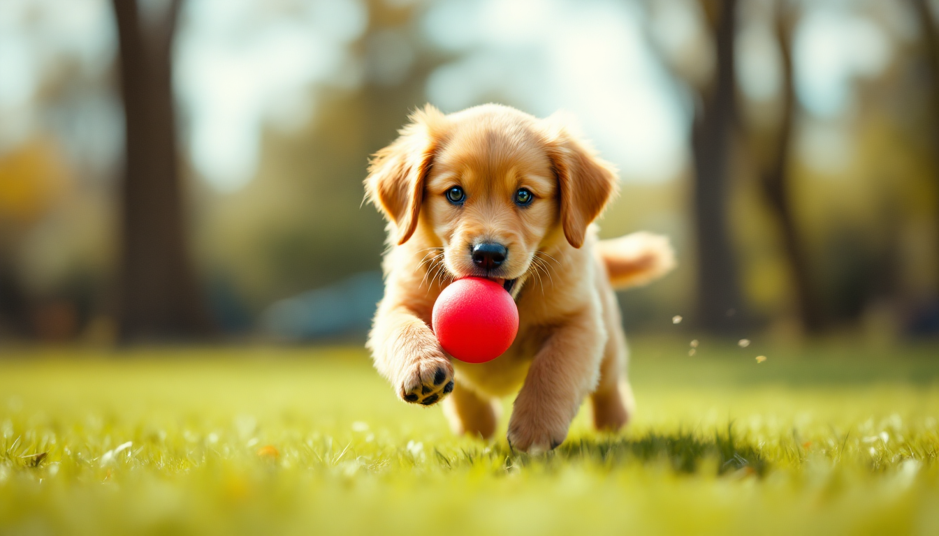 행복한 골든 리트리버 강아지가 햇살 좋은 공원에서 빨간 공을 쫓아가는 AI 애니메이션 장면