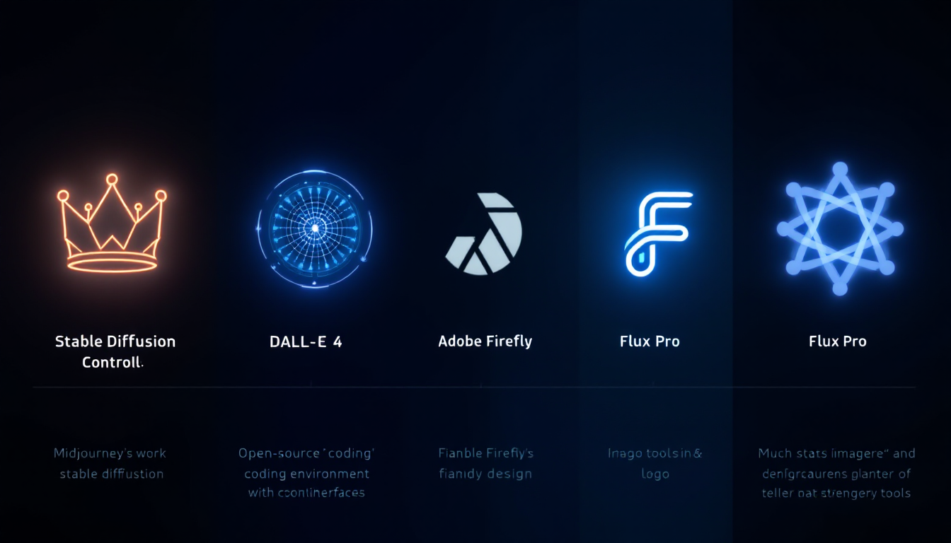 2026년 최고 AI 이미지 생성 플랫폼 5종의 대표적인 특징들이 상징적으로 시각화된 고화질 이미지