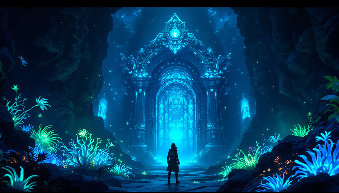 AI 게임 제작 튜토리얼에서 만든 아틀란티스 문 앞의 탐험가 이미지