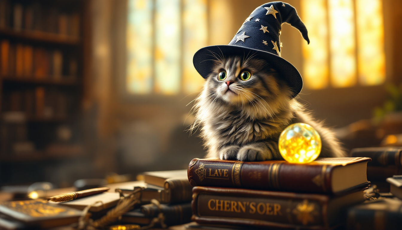 마법사 모자를 쓴 귀여운 고양이가 책더미 위에 앉아 있는 모습