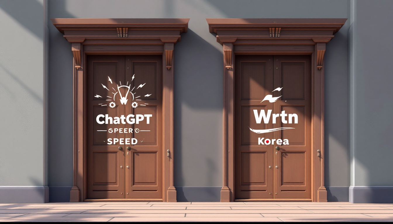 ChatGPT와 뤼튼 사이에서 선택하는 과정을 상징적으로 표현한 이미지, 속도와 깊이, 한국어 능력, 창의력을 강조하는 요소들 포함