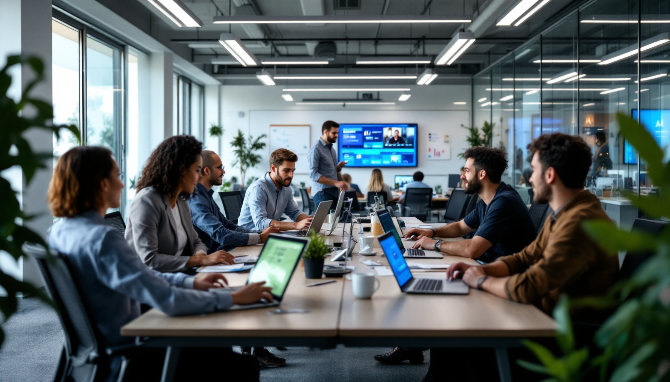 AI 영상 에이전시 팀이 협업하는 현대적인 사무실