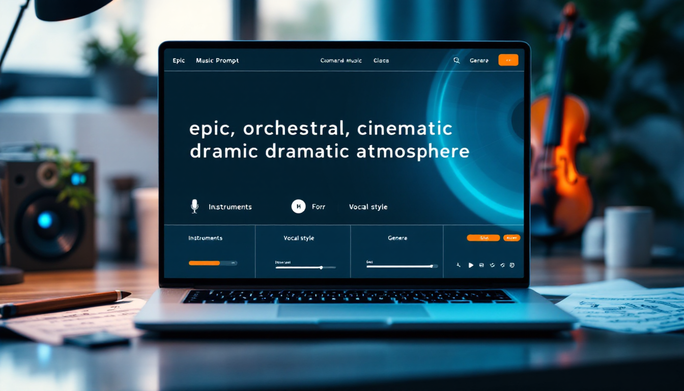 쉼표로 구분된 다양한 음악 키워드 조합을 보여주는 Suno AI 프롬프트 화면