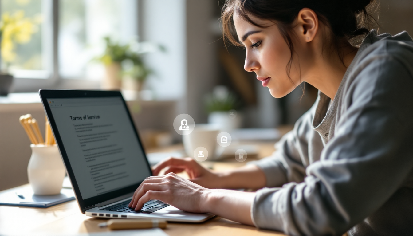 AI 영상 저작권 확인을 위해 노트북으로 이용 약관을 읽고 있는 모습