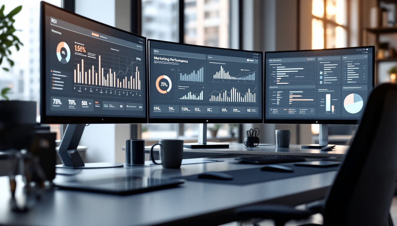 실시간 데이터 시각화와 ROI 분석 대시보드가 보이는 업무 공간