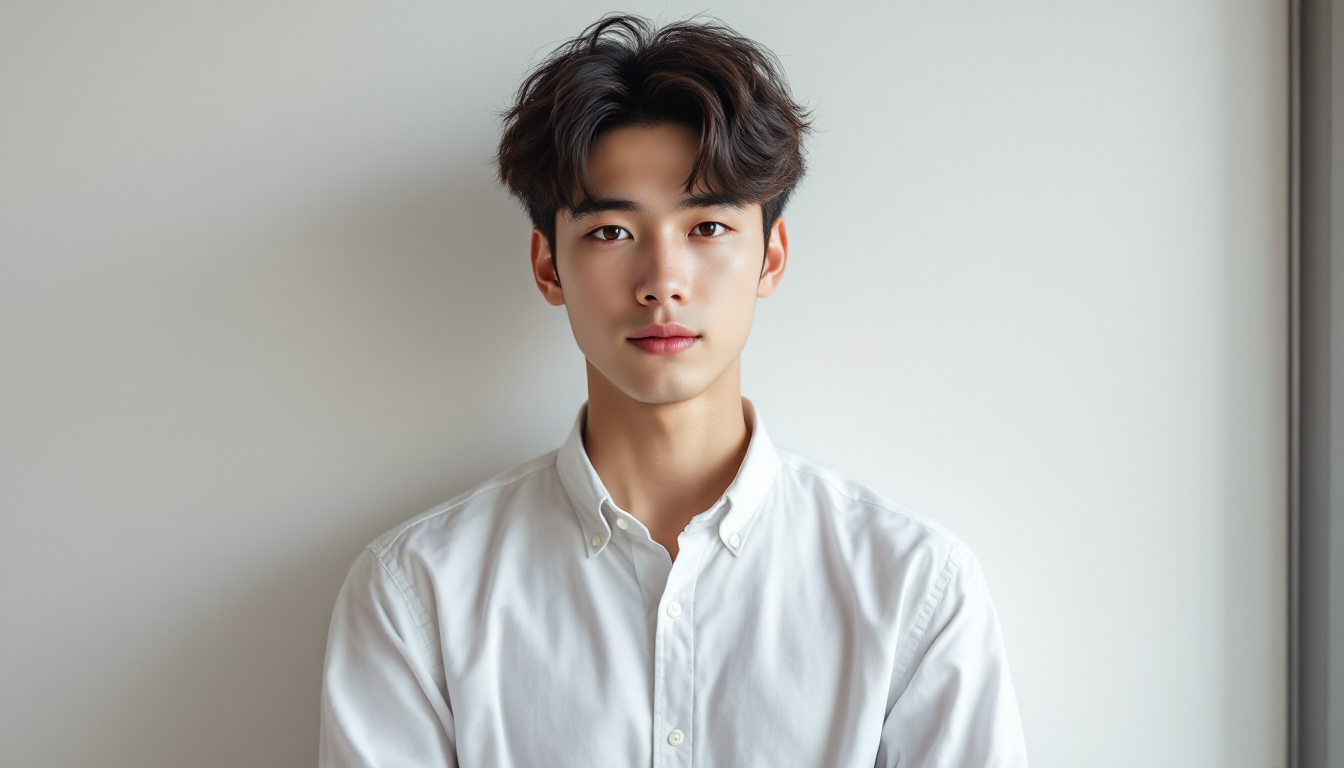 자연광 아래 하얀 벽을 배경으로 촬영된 명확하고 깨끗한 원본 증명사진 촬영 장면