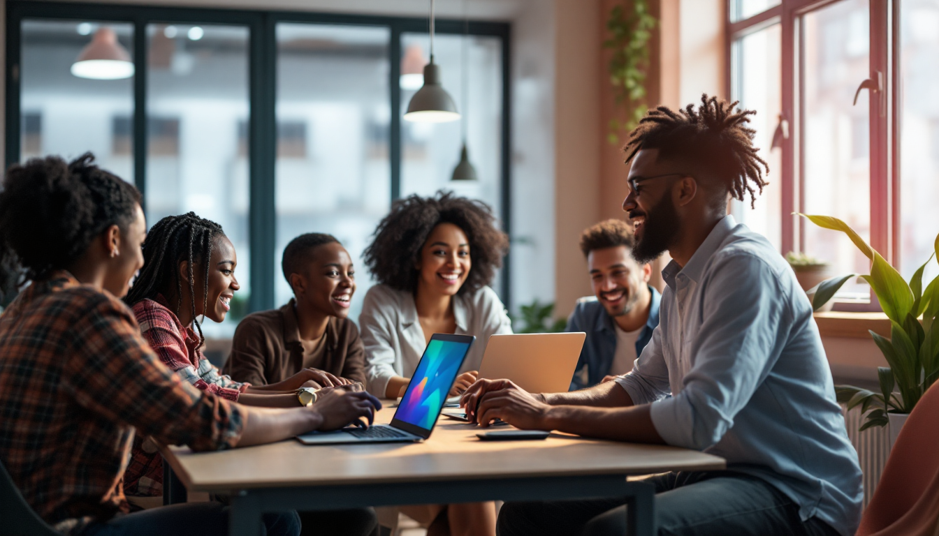 초보자들이 노트북으로 AI 애니메이션 툴 사용법을 배우고 있는 모습