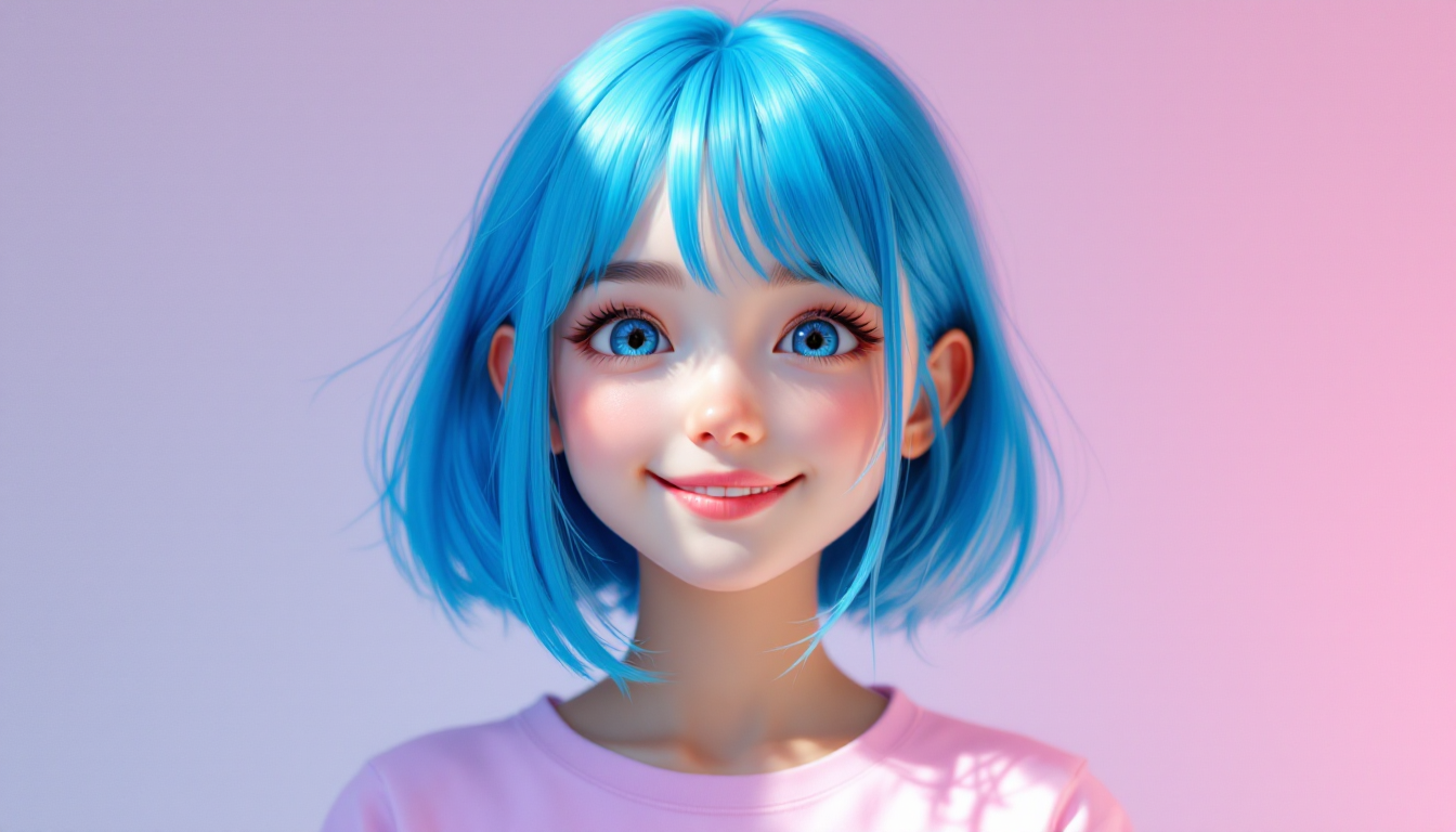 제미나이 AI로 만든 웃고 있는 파란 머리 소녀 애니메이션 스타일 캐릭터
