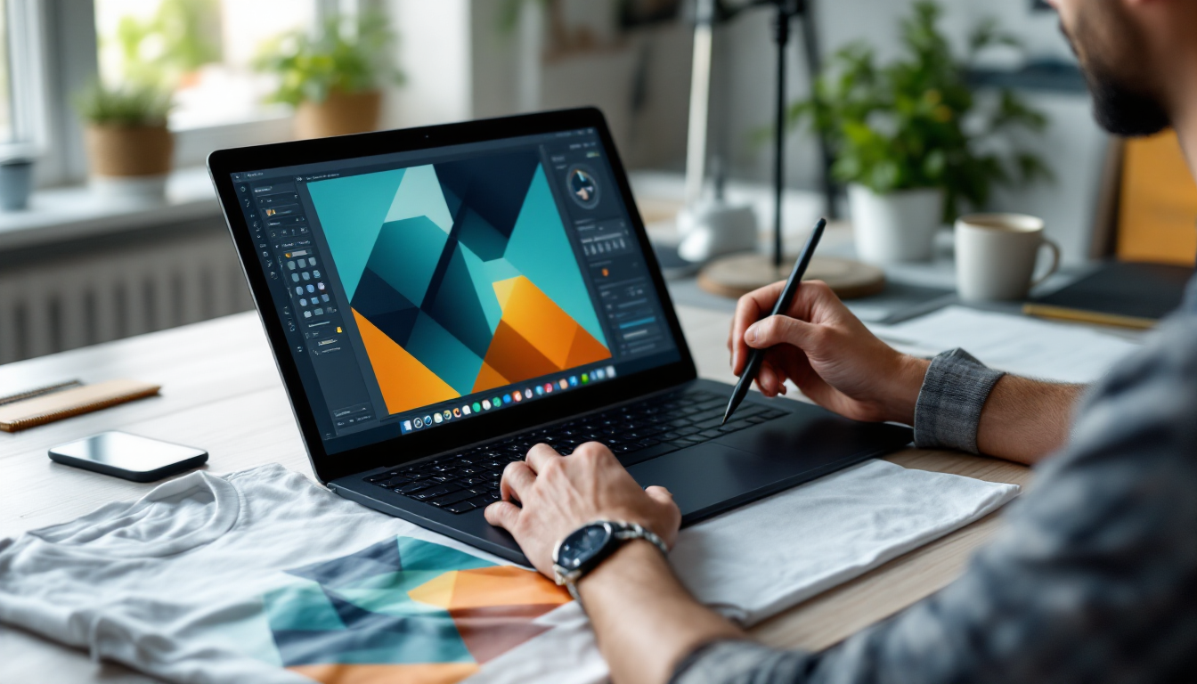 디자이너가 편집 플랫폼에서 실제 티셔츠 목업에 디자인을 적용하는 모습