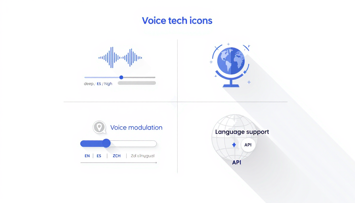 보이스 클로닝, 보이스 체인저, 다국어 지원, API 제공 등 AI 음성 기능을 설명하는 인포그래픽 이미지