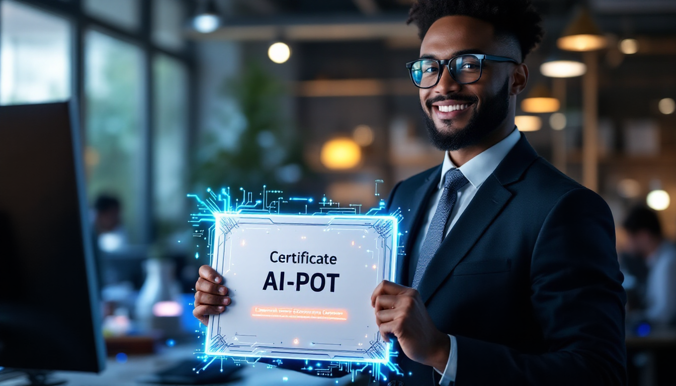AI와 함께 도전하는 직장인이 AI-POT 자격증을 들고 있는 모습