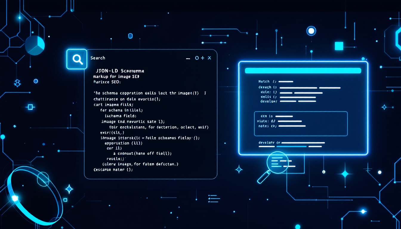 이미지 SEO를 위한 구조화 데이터 스키마 마크업과 개발자용 코드 예시를 보여주는 인포그래픽