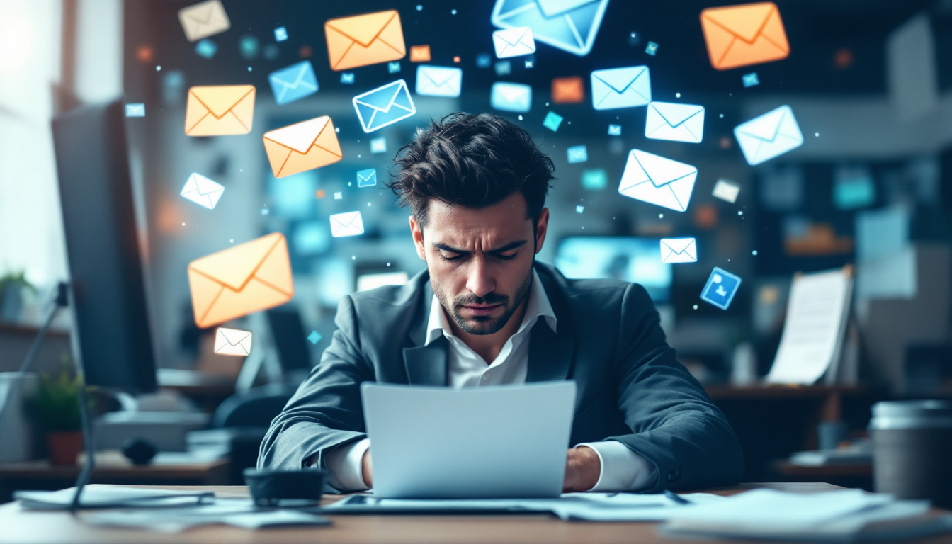 Zapier 사용법을 배우기 전 반복 업무에 시달리는 바쁜 사무직 근로자 모습