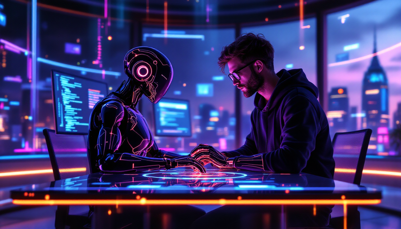 바이브코딩을 창작의 파트너로 표현한 AI와 조화롭게 협업하는 개발자 이미지