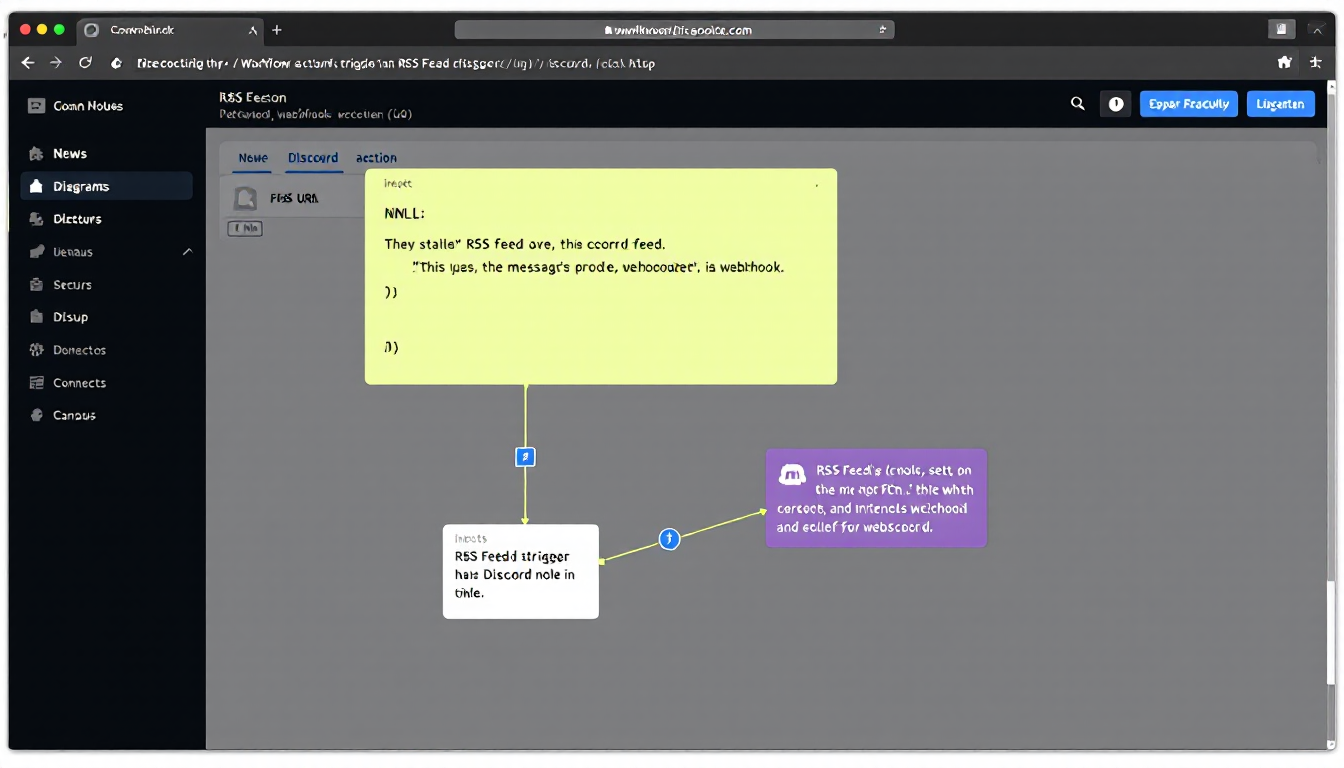 n8n에서 RSS 피드와 디스코드 노드를 연결해 자동화 워크플로우를 만드는 과정 이미지