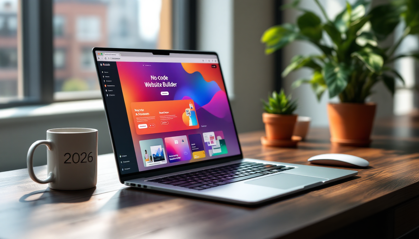 2026년 최신 AI 노코드 웹사이트 빌더 인터페이스와 현대적인 노트북 이미지