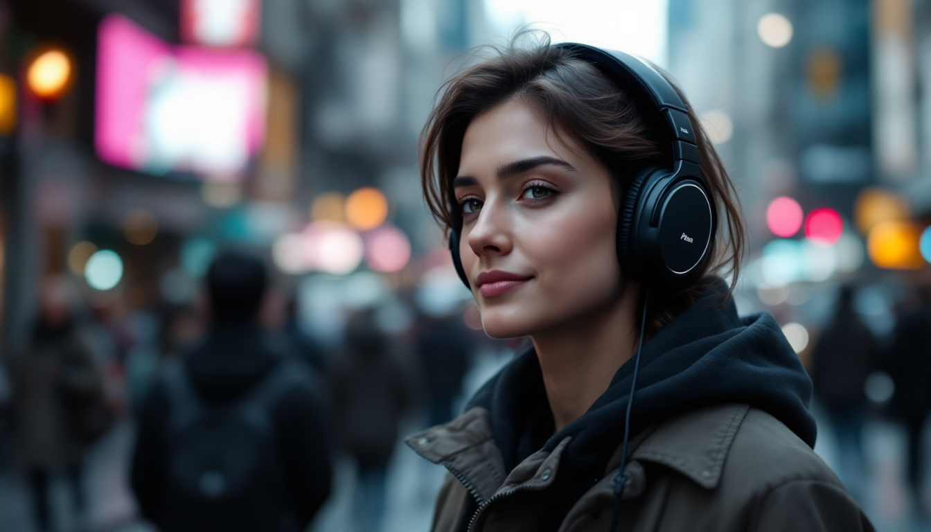 소음 차단 헤드폰의 특징을 강조하는 영상, 시끄러운 도시에서 편안한 사용자의 모습과 주요 수치 그래픽 포함