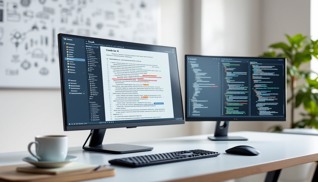 클로드 AI가 긴 문서와 복잡한 연결고리를 분석하는 모습을 보여주는 전문가 환경