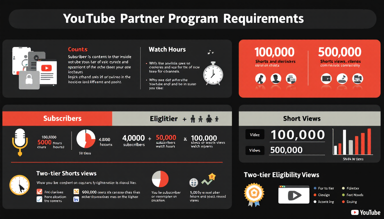 2026년 기준 유튜브 파트너 프로그램 가입 조건을 차트와 아이콘으로 쉽게 설명하는 인포그래픽 이미지