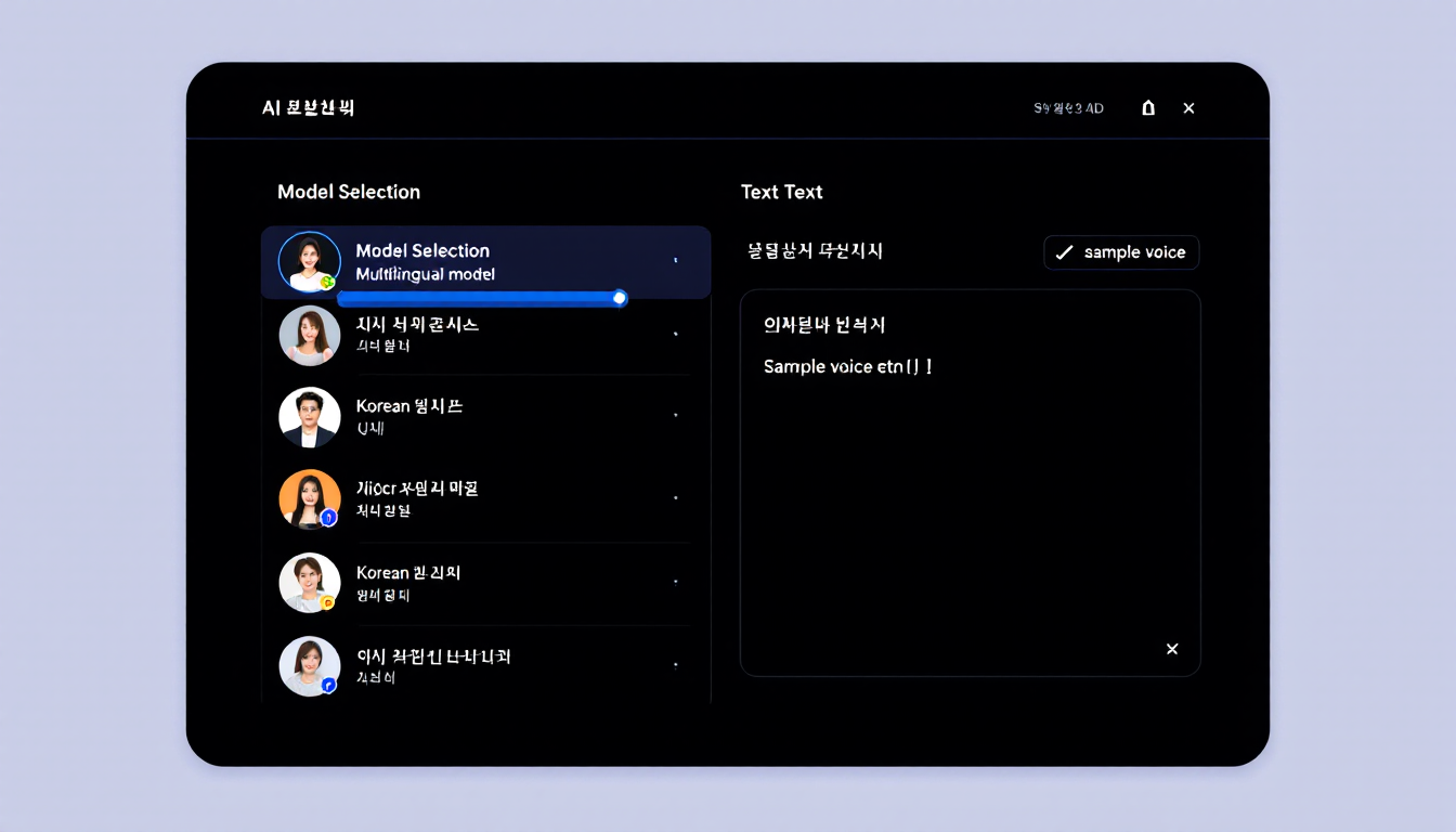 ElevenLabs 대시보드에서 다국어 모델 선택과 한국어 음성 선택, 텍스트 입력을 보여주는 화면