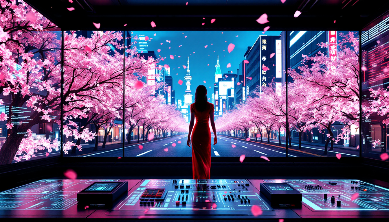 벚꽃이 흩날리는 도쿄 거리를 걷는 여성 장면을 AI 텍스트-투-비디오 도구로 생성하는 모습