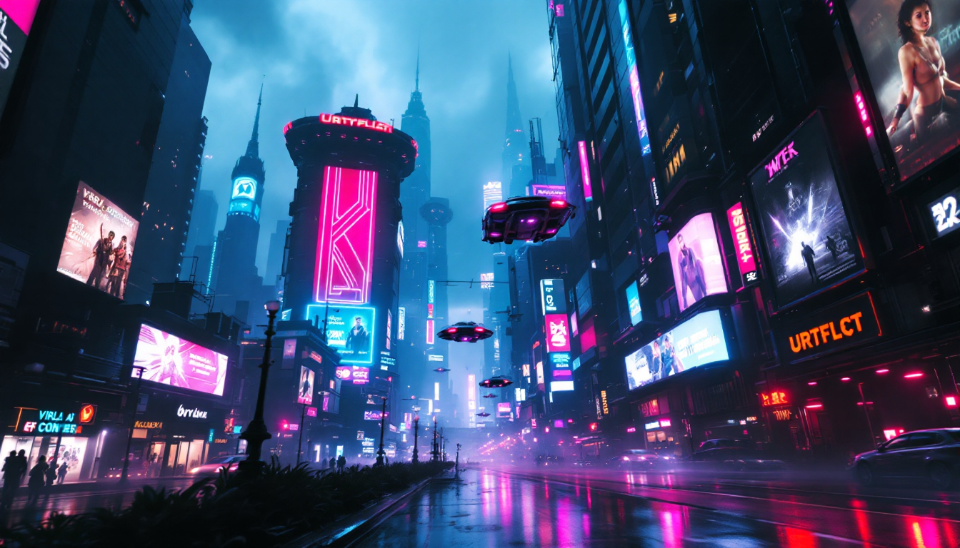 Sandcastle AI 프롬프트로 생성한 미래 도시의 밤 풍경 사이버펑크 스타일 장면