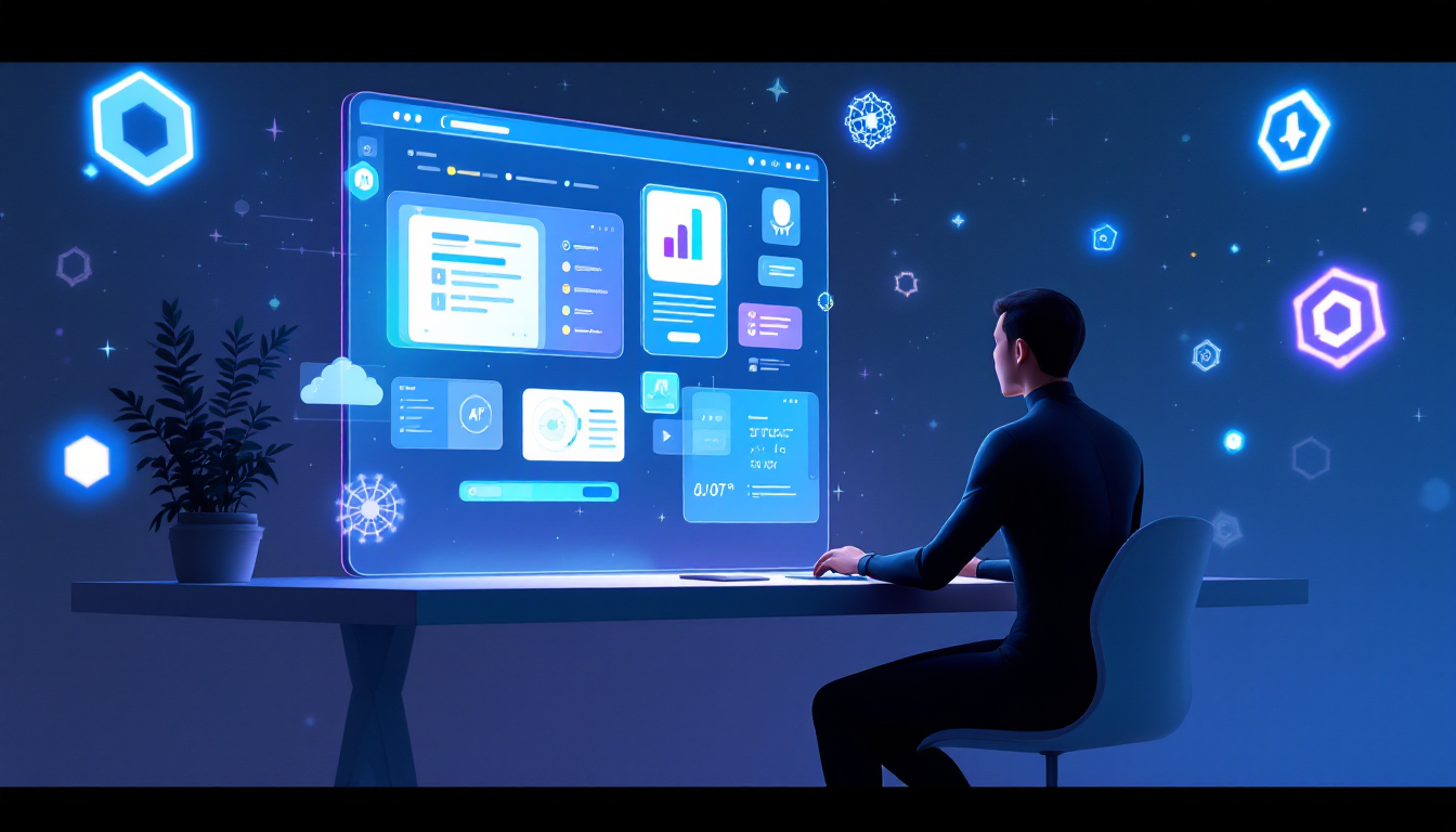 2026년 노코드 웹사이트 제작과 AI 지원 작업 환경을 표현한 미래지향적인 이미지