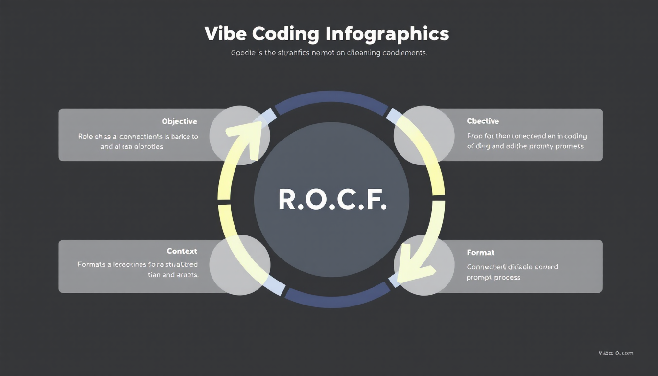 바이브코딩의 성공적인 프롬프트 작성법 R.O.C.F. 모델 4요소를 설명하는 인포그래픽