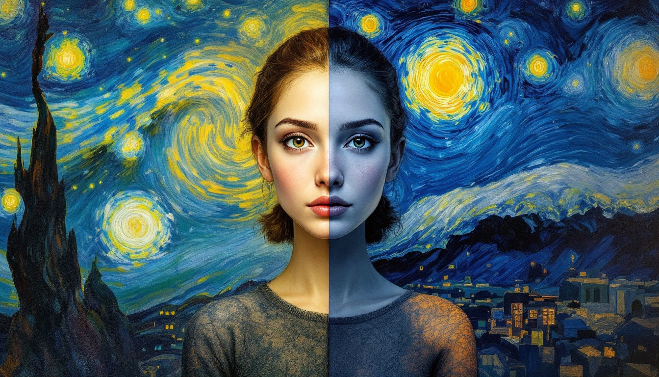 반 고흐 별이 빛나는 밤 스타일과 현대적인 스타일로 그려진 동일 캐릭터 비교 이미지
