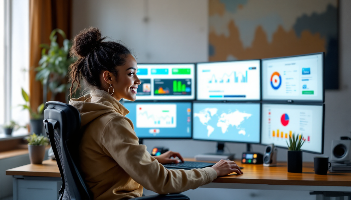 AI 영상 크리에이터가 수익 그래프를 보며 미소짓는 모습