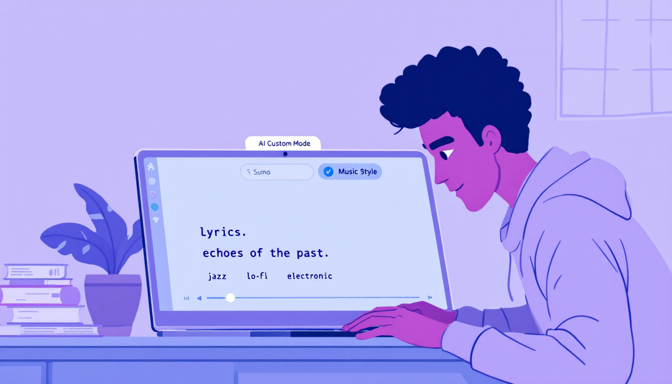 Suno AI 커스텀 모드에서 가사를 입력하고 음악 스타일을 설정하는 화면