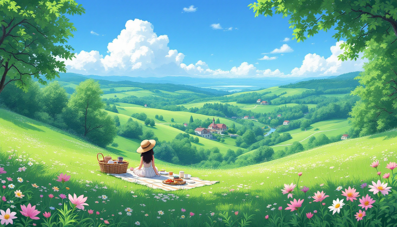 Sandcastle AI 프롬프트로 생성한 푸른 언덕에서 소풍을 즐기는 소녀의 지브리 스타일 애니메이션 장면
