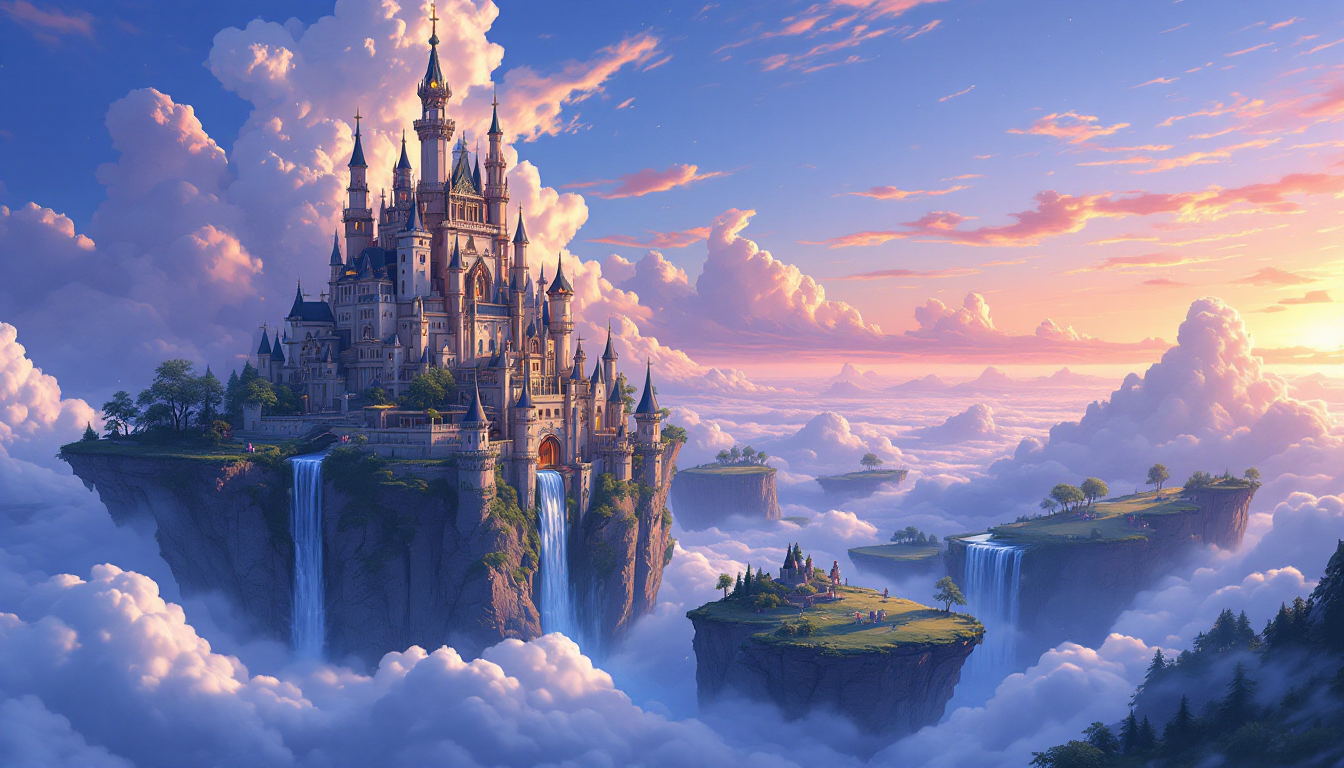 해질녘 하늘에 떠 있는 성과 폭포가 있는 지브리 스타일의 판타지 풍경