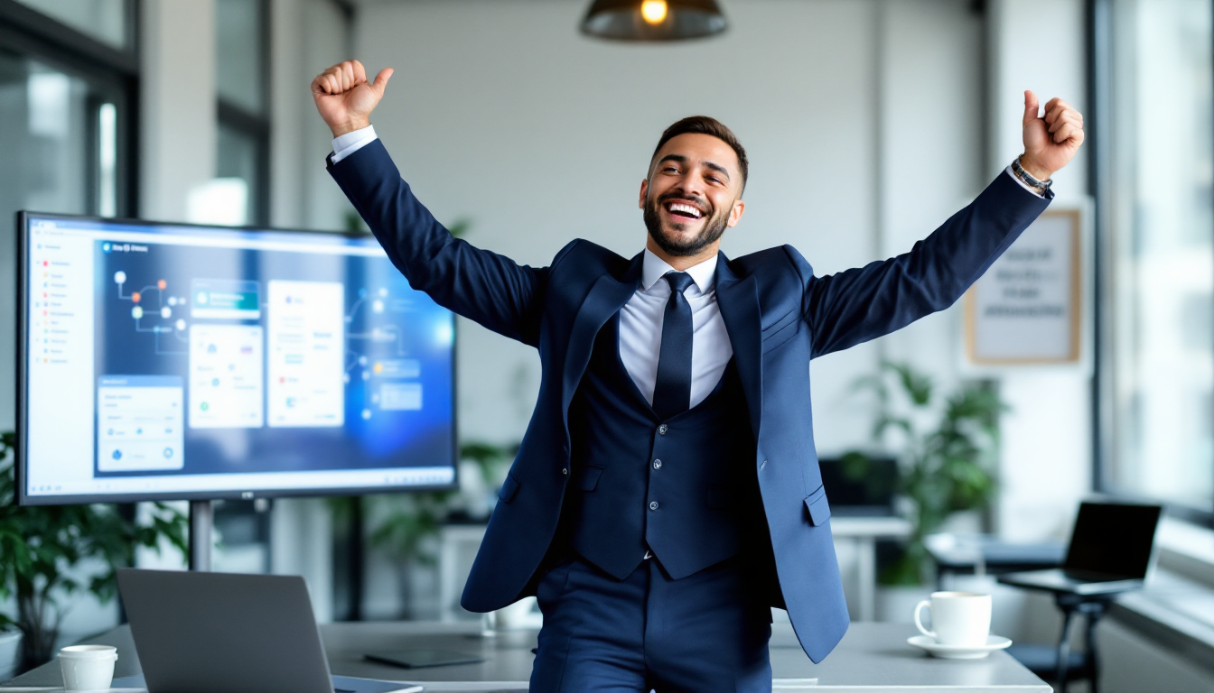 n8n 자동화 전문가가 되어 성공을 축하하는 사람 이미지