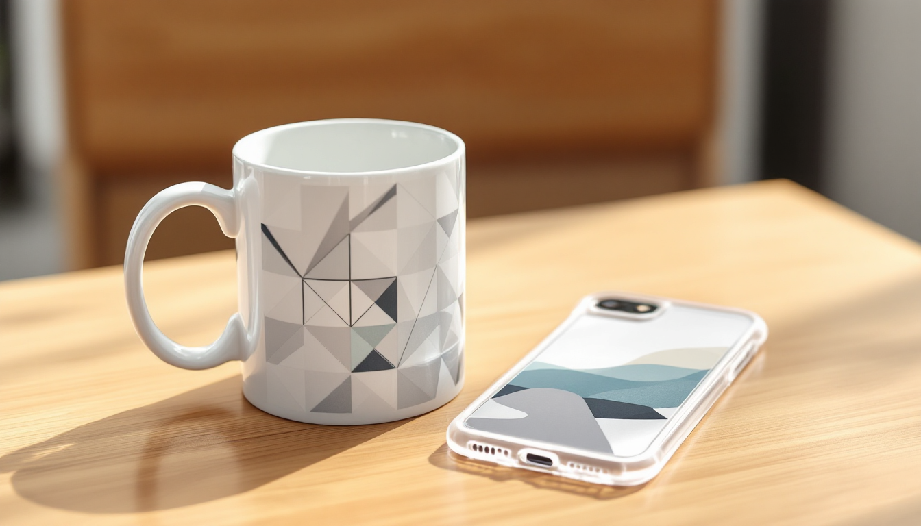 AI 이미지 디자인이 머그컵과 스마트폰 케이스에 적절히 배치된 모습