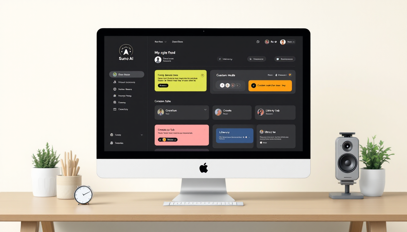 Suno AI 대시보드의 4가지 핵심 기능들이 표시된 화면