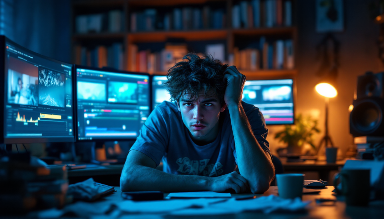 영상 편집에 지쳐 밤늦게 작업하는 1인 유튜버의 모습