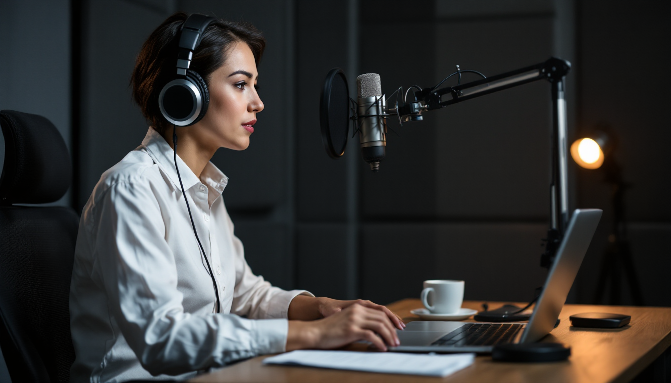 감정을 담아 자연스럽게 녹음하는 모습과 좋은 자세를 갖춘 음성 녹음 장면