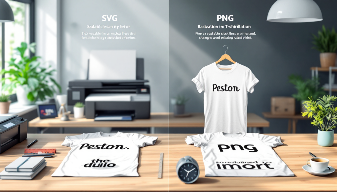 티셔츠 인쇄용 벡터 파일과 래스터 파일 차이를 보여주는 이미지, SVG는 확장성 있고 PNG는 픽셀화됨