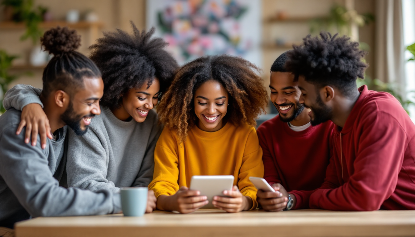 여러 디바이스에서 Kling AI로 만든 댄스 영상 결과물을 공유하며 즐거워하는 젊은 콘텐츠 크리에이터들