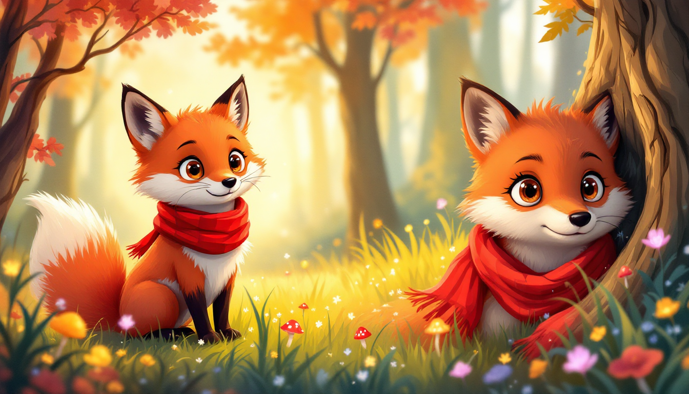 동화책 전자책 제작 예시, 빨간 목도리를 한 여우 캐릭터 '레오' 일러스트