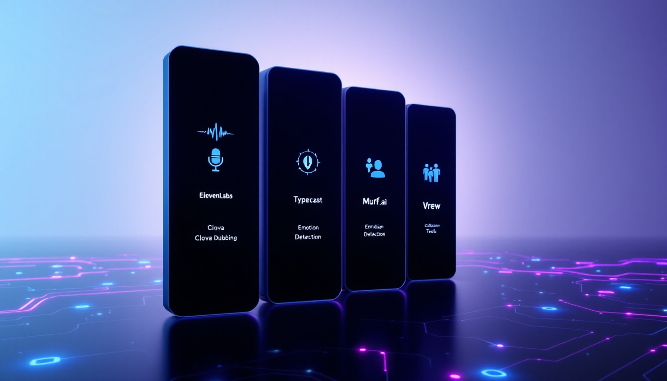 AI 음성 생성 서비스 5가지 플랫폼을 시각적으로 표현한 미래형 디지털 인터페이스 이미지
