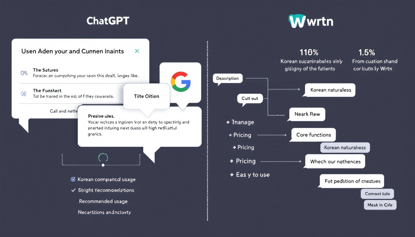 ChatGPT와 뤼튼의 주요 기능과 평가를 시각적으로 비교한 인포그래픽 차트